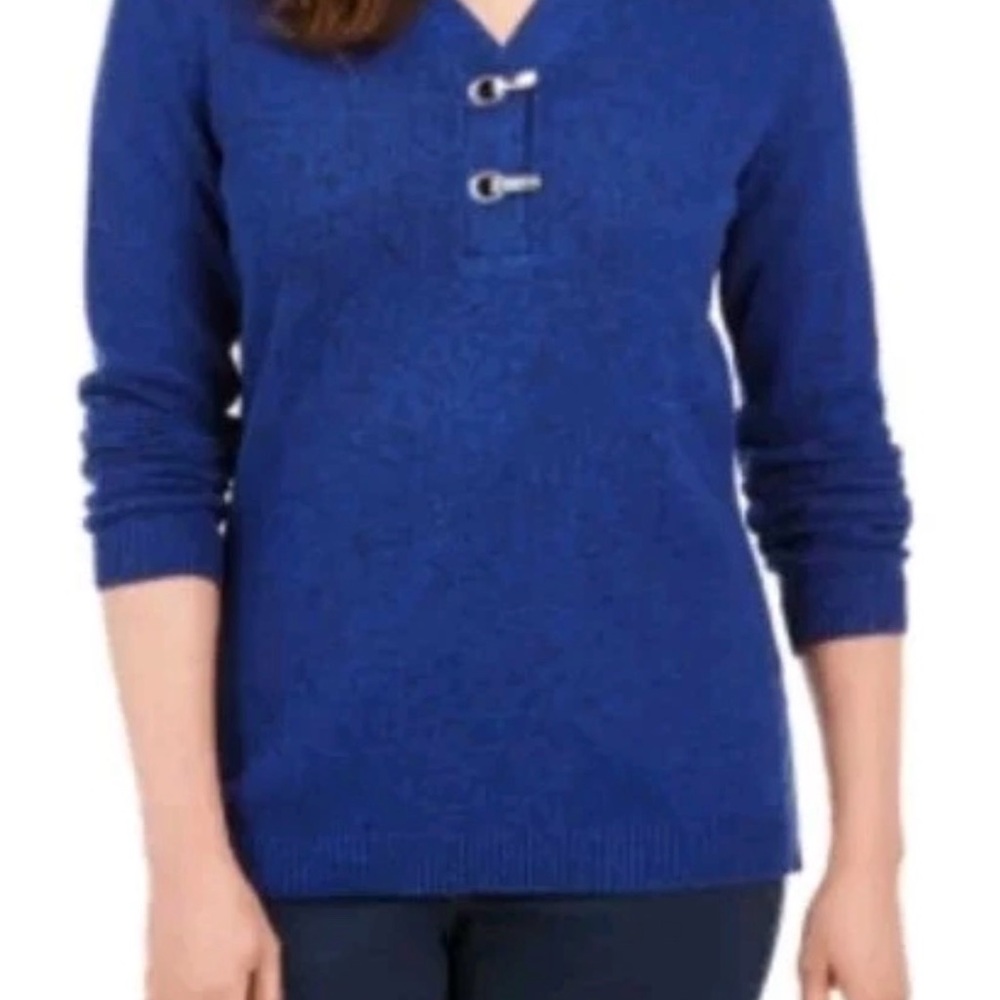 Karen Scott Cotton Marled Henley Sweater, Navy, XL